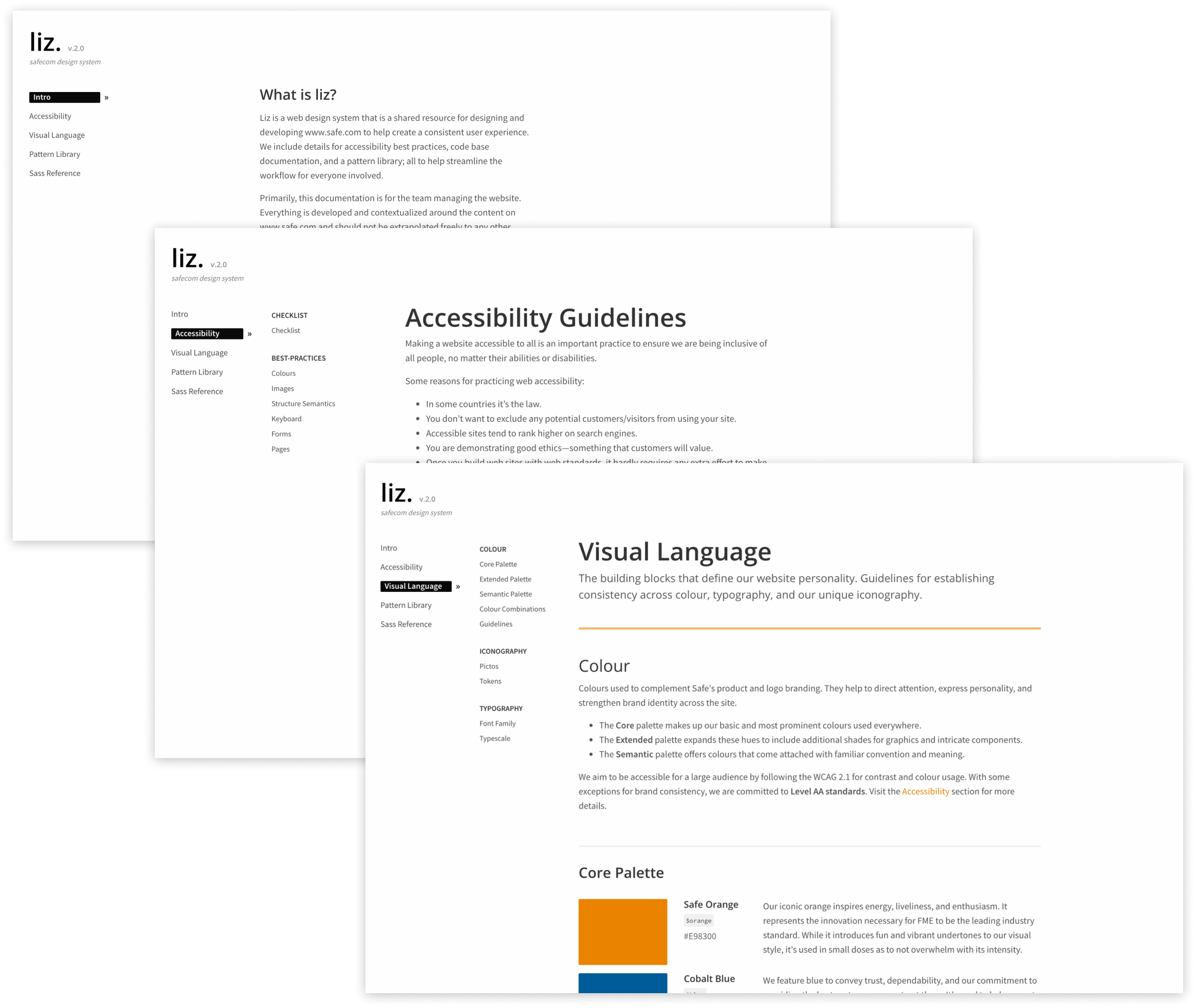 An overview of some of the pages within the Liz Design System subsite.