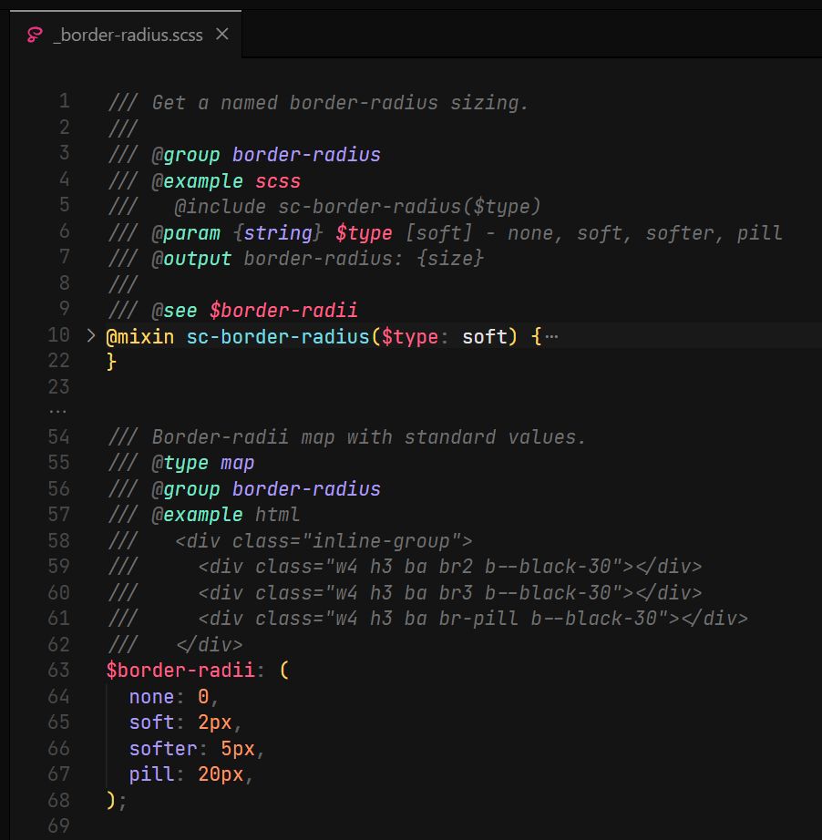 The SassDoc comments on mixins & variables.